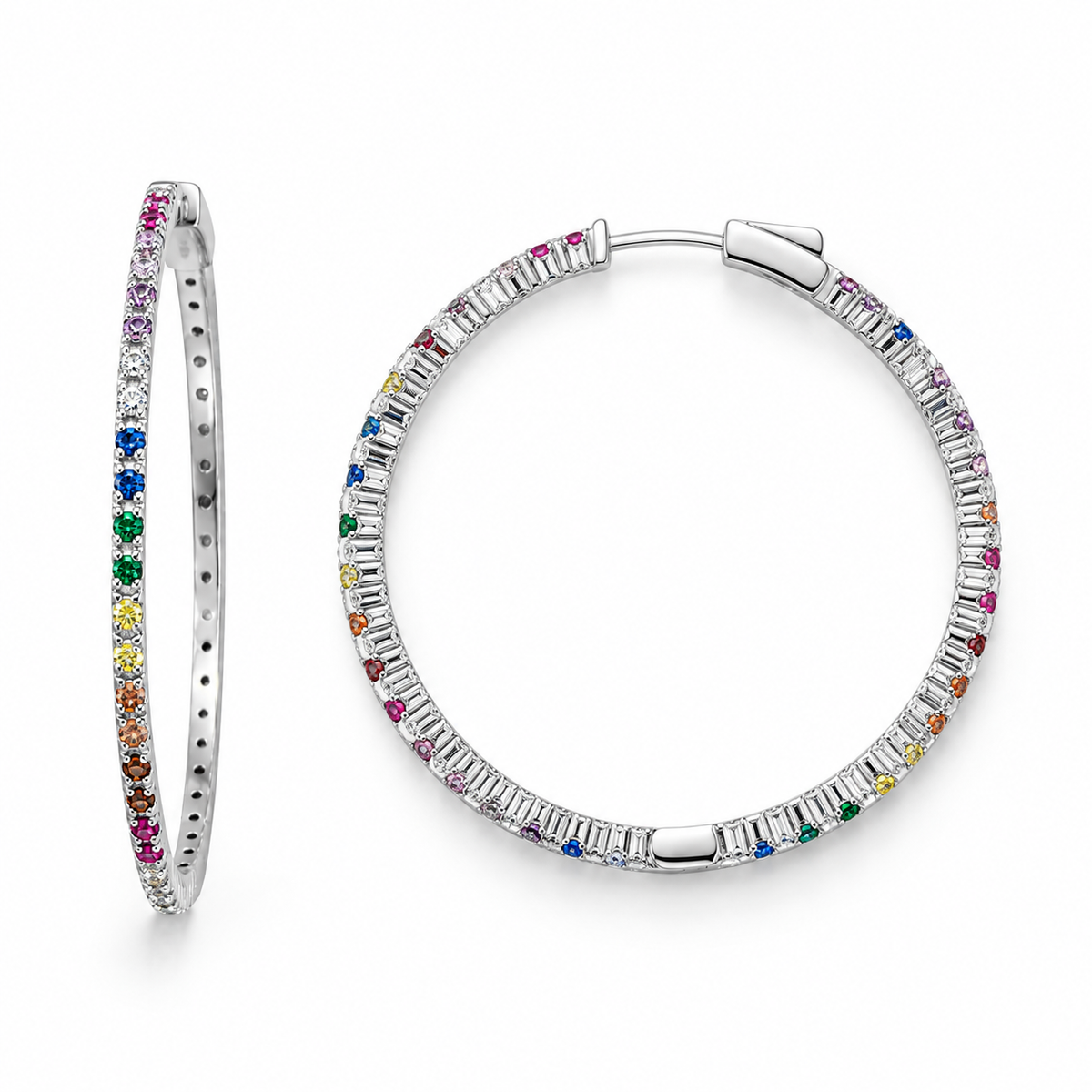 Multicolor Rainbow CZ Hoop Earrings Rhodium Plated 925 Sterling Silver 40mm