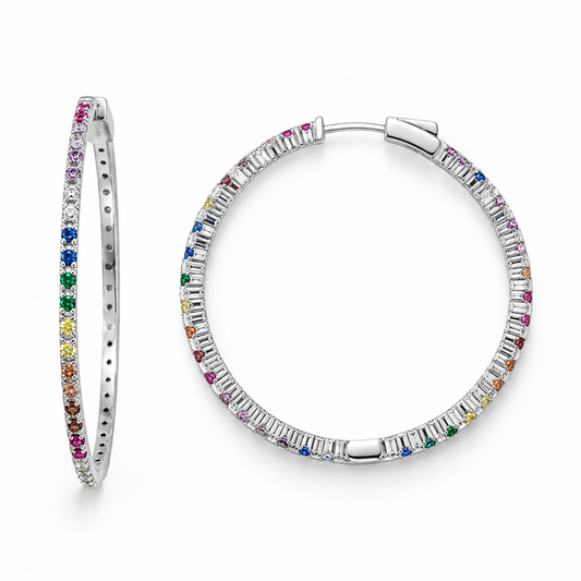 Multicolor Rainbow CZ Hoop Earrings Rhodium Plated 925 Sterling Silver 40mm