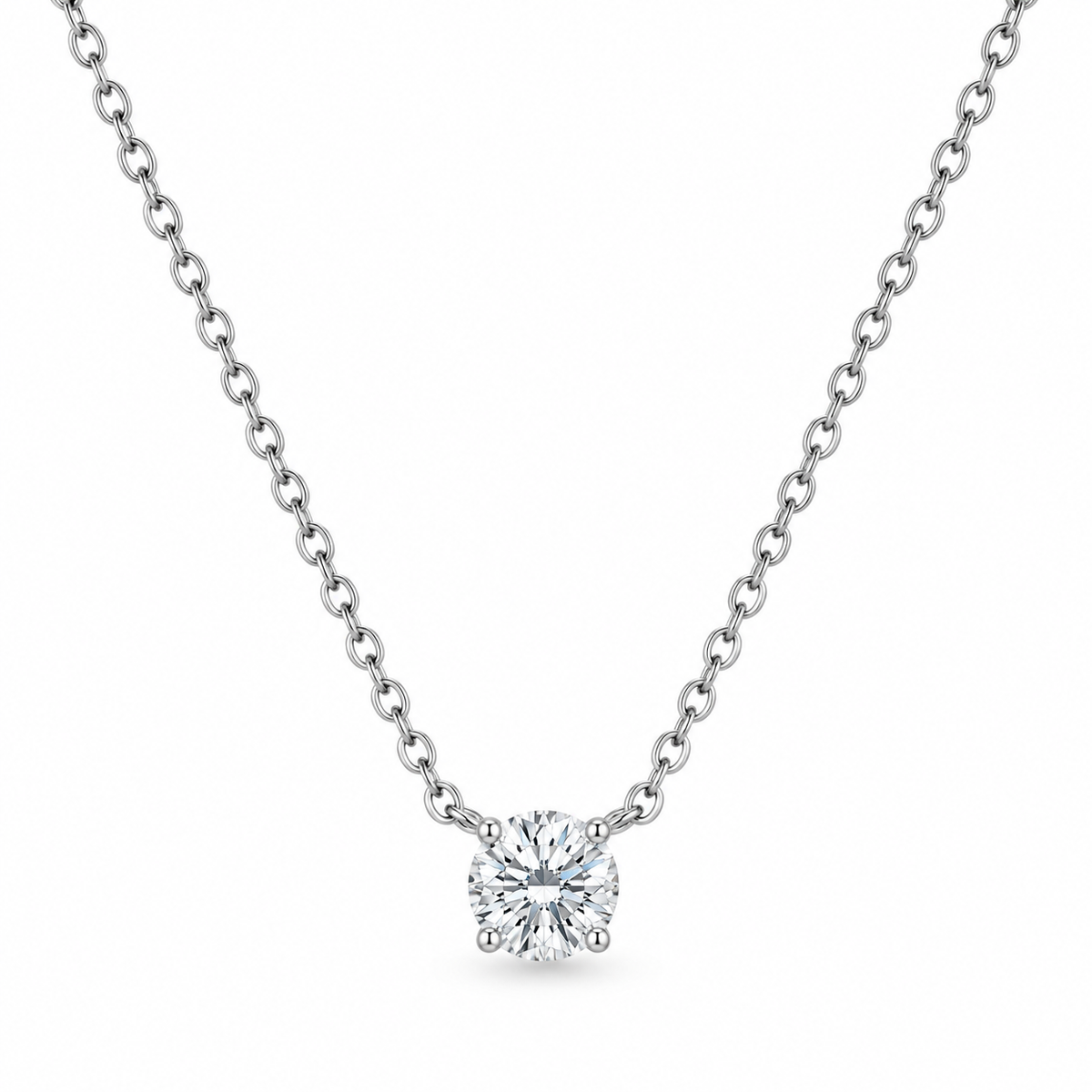 CZ Solitaire Necklace Rhodium 925 Sterling Silver 5mm Single Stone 16+2in