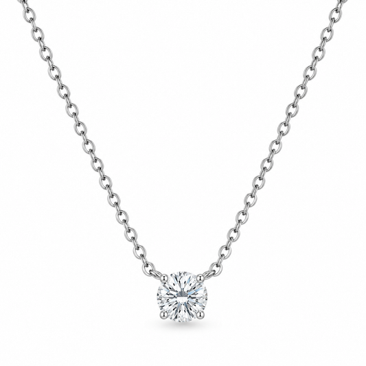 CZ Solitaire Necklace Rhodium 925 Sterling Silver 5mm Single Stone 16+2in