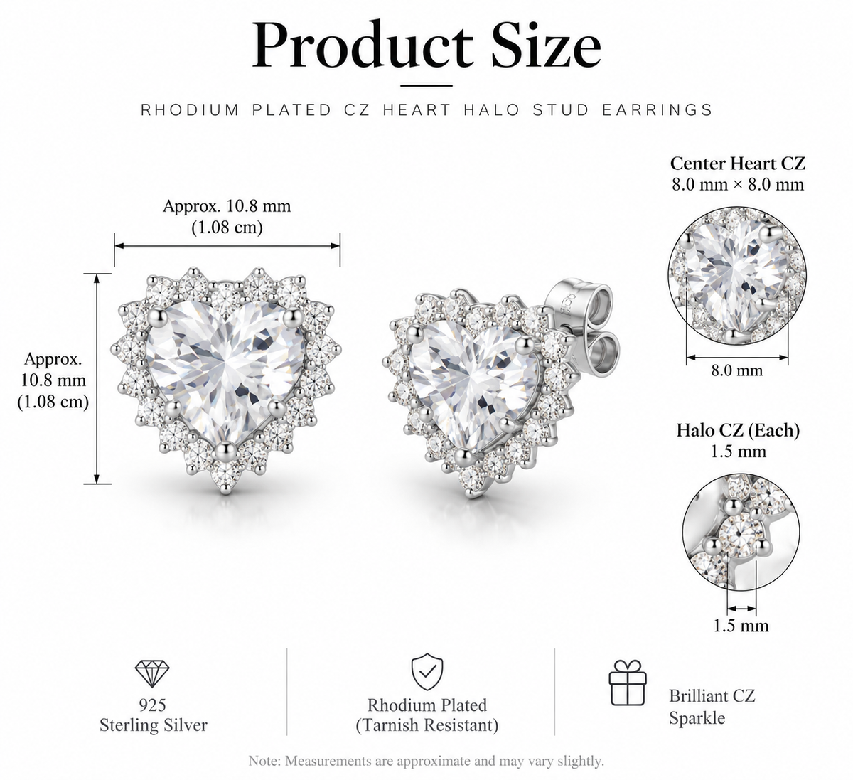 Pavé CZ Heart Halo Stud Earrings Rhodium Plated 925 Sterling Silver 8mm