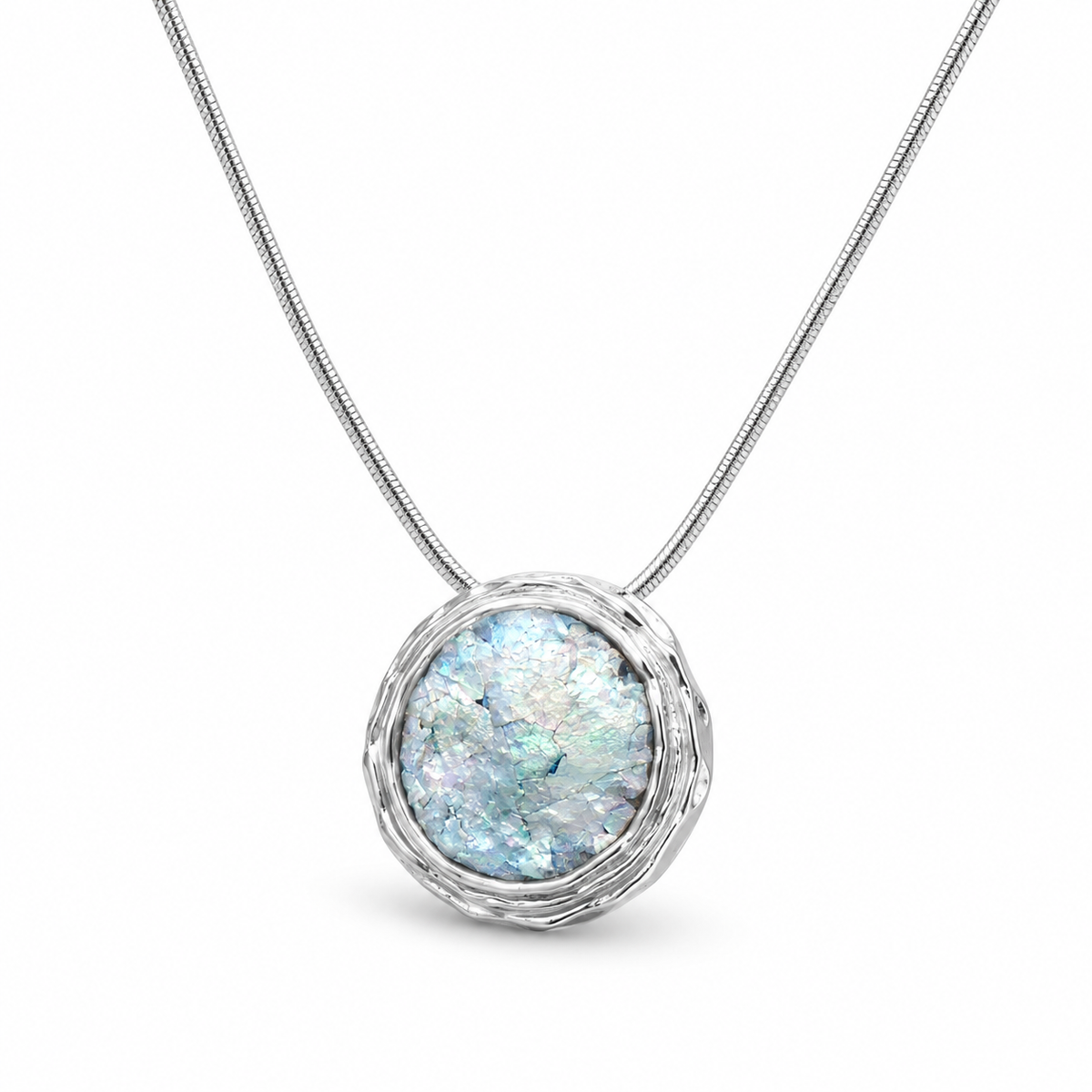 Roman Glass Round Necklace 925 Silver Textured Edge 20mm Snake w/Certificate