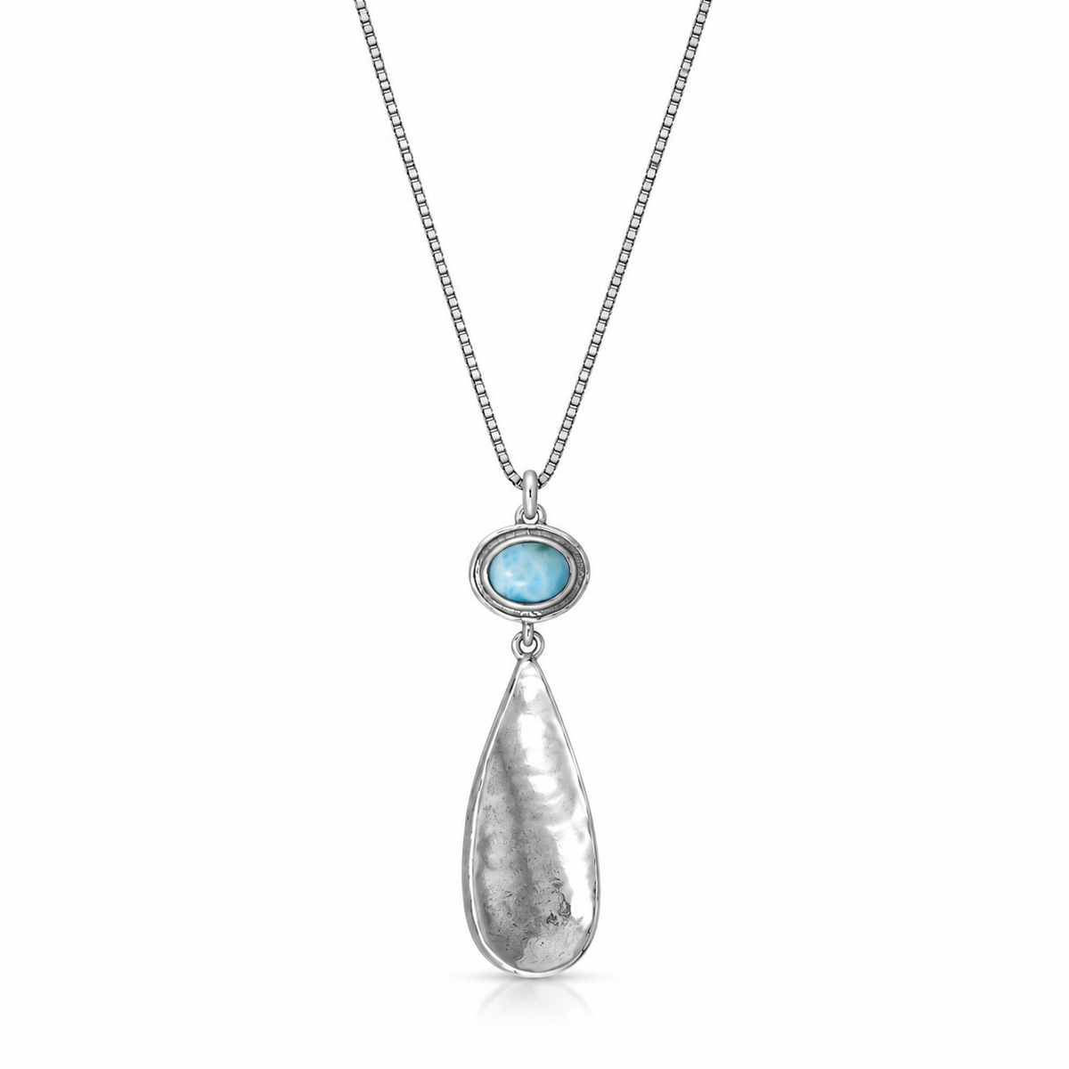 Larimar Necklace Oxidized 925 Silver Hammered Pear Drop 6x8mm Dominican 18in