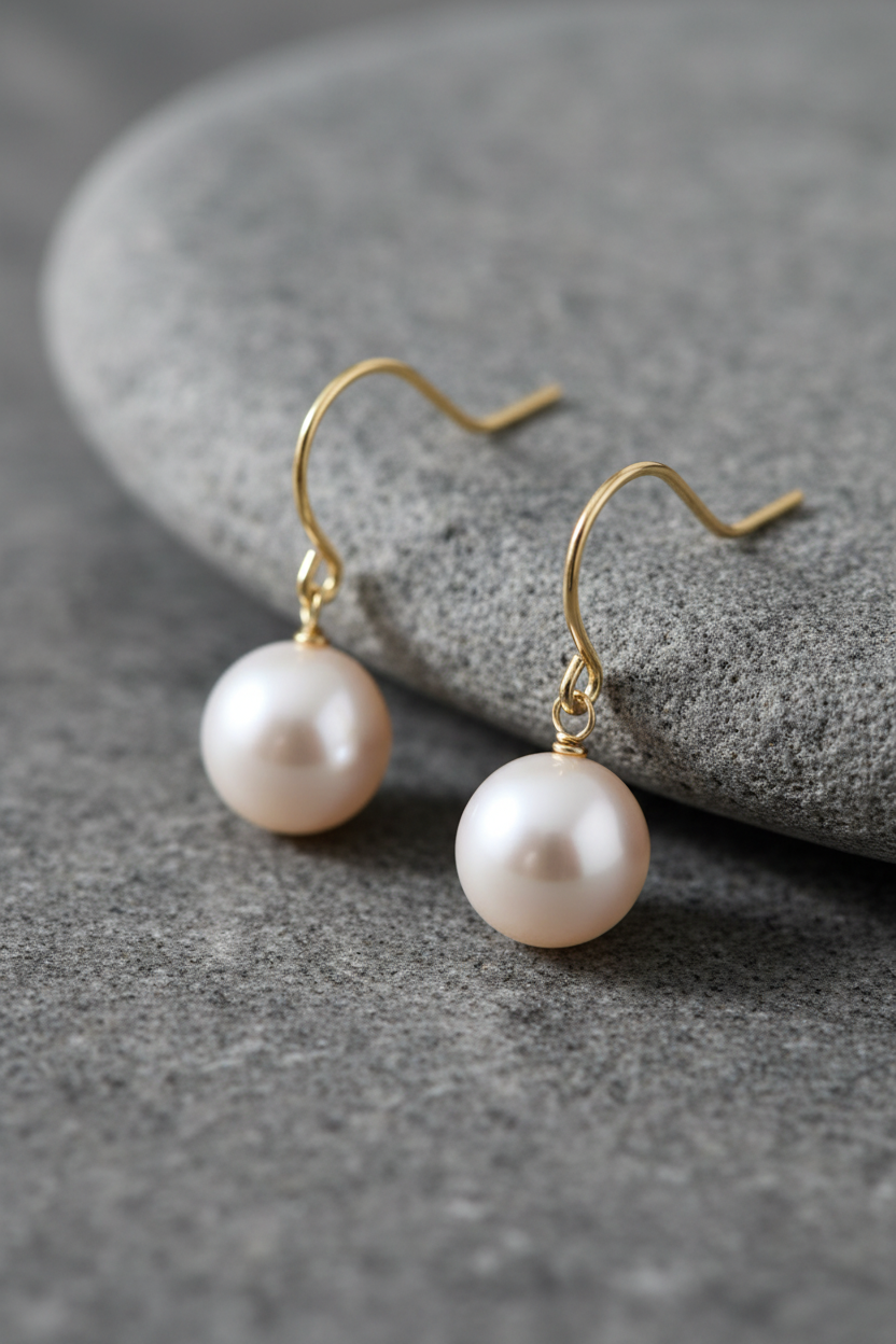 Akoya pearl earrings on grey stone