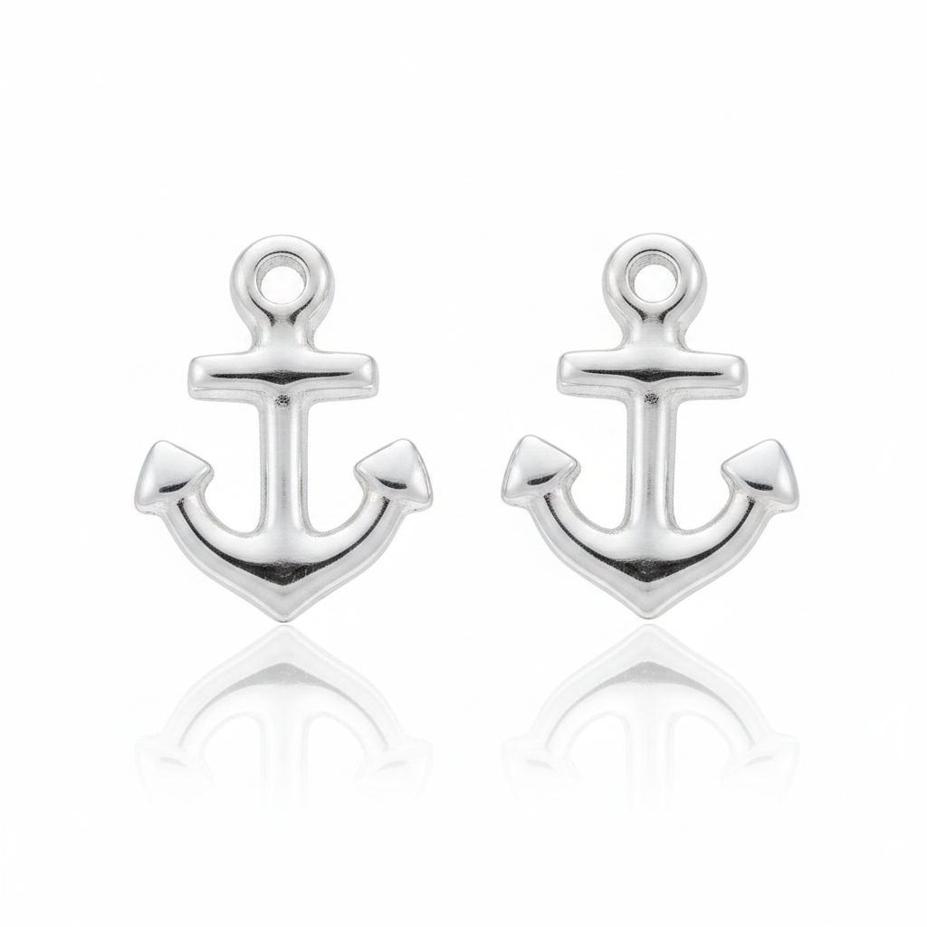 Anchor Stud Earrings All Sterling Silver No Gold Pure White Background Tilted Reflection 1x1