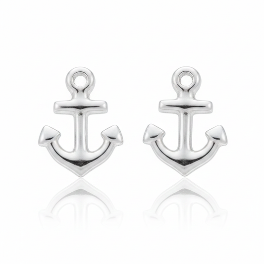 Anchor Stud Earrings All Sterling Silver No Gold Pure White Background Tilted Reflection 1x1