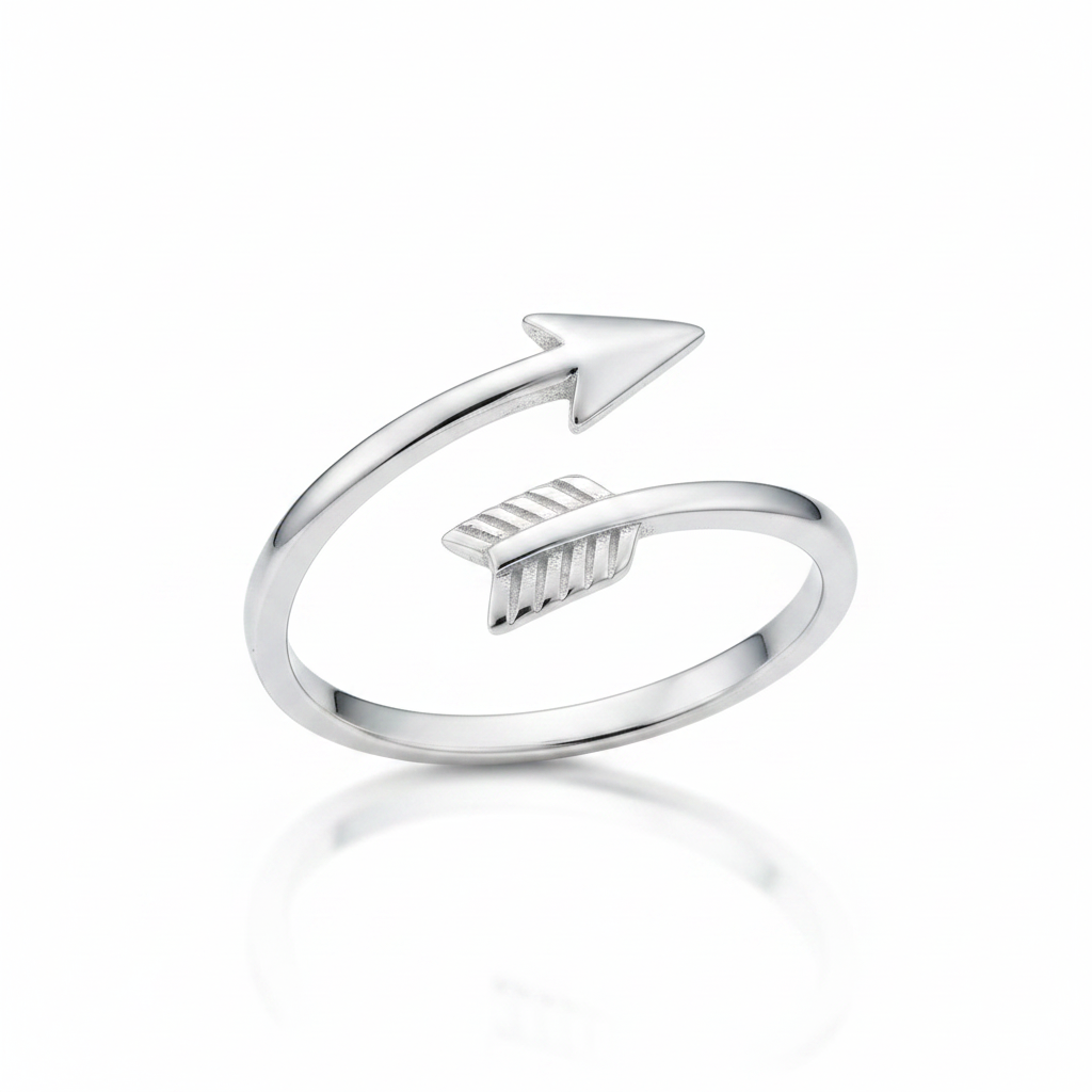 Arrow Bypass Wrap Silver Ring Pure White Background Tilted Reflection 1x1