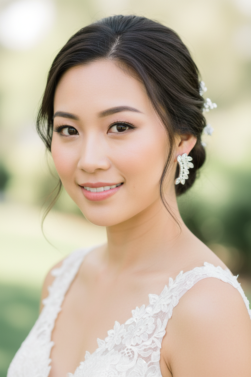 Asian bride wearing botanical sparkle earrings