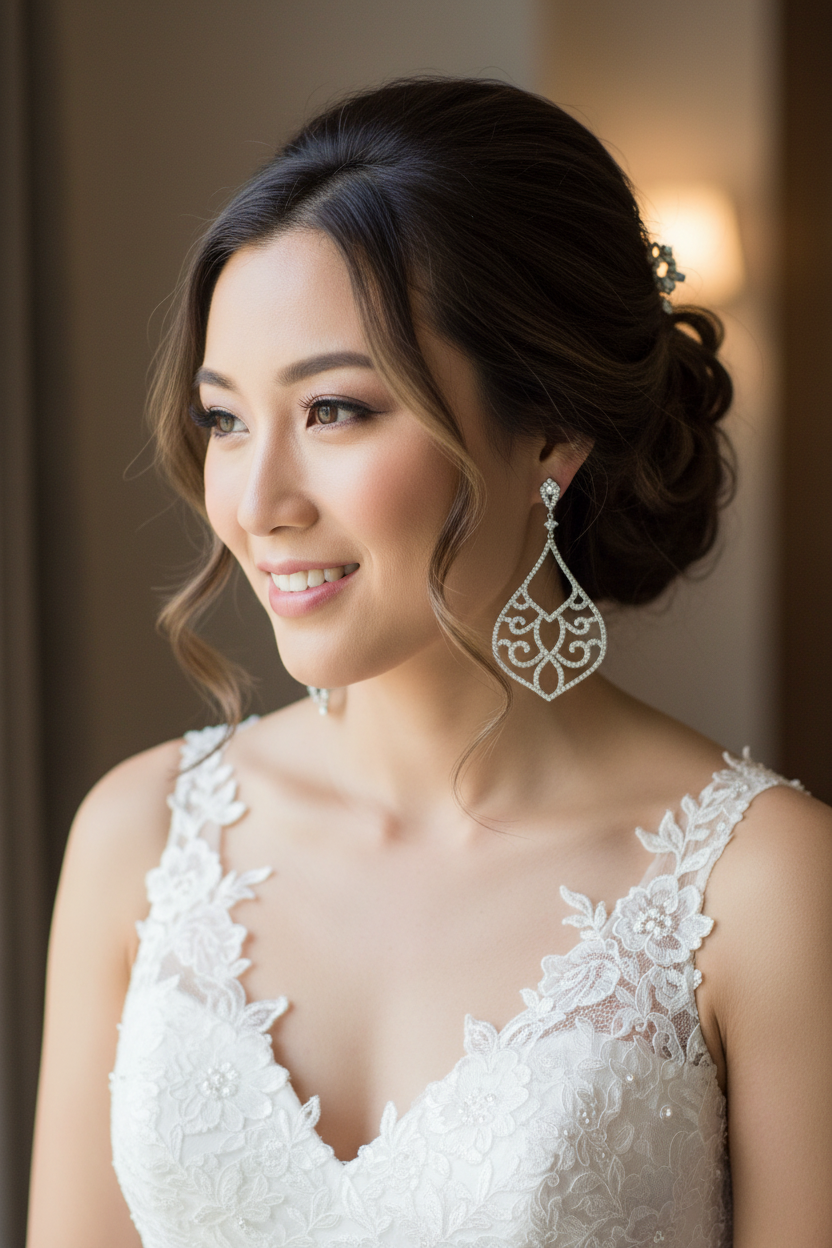 Asian bride wearing ornate chandelier earrings