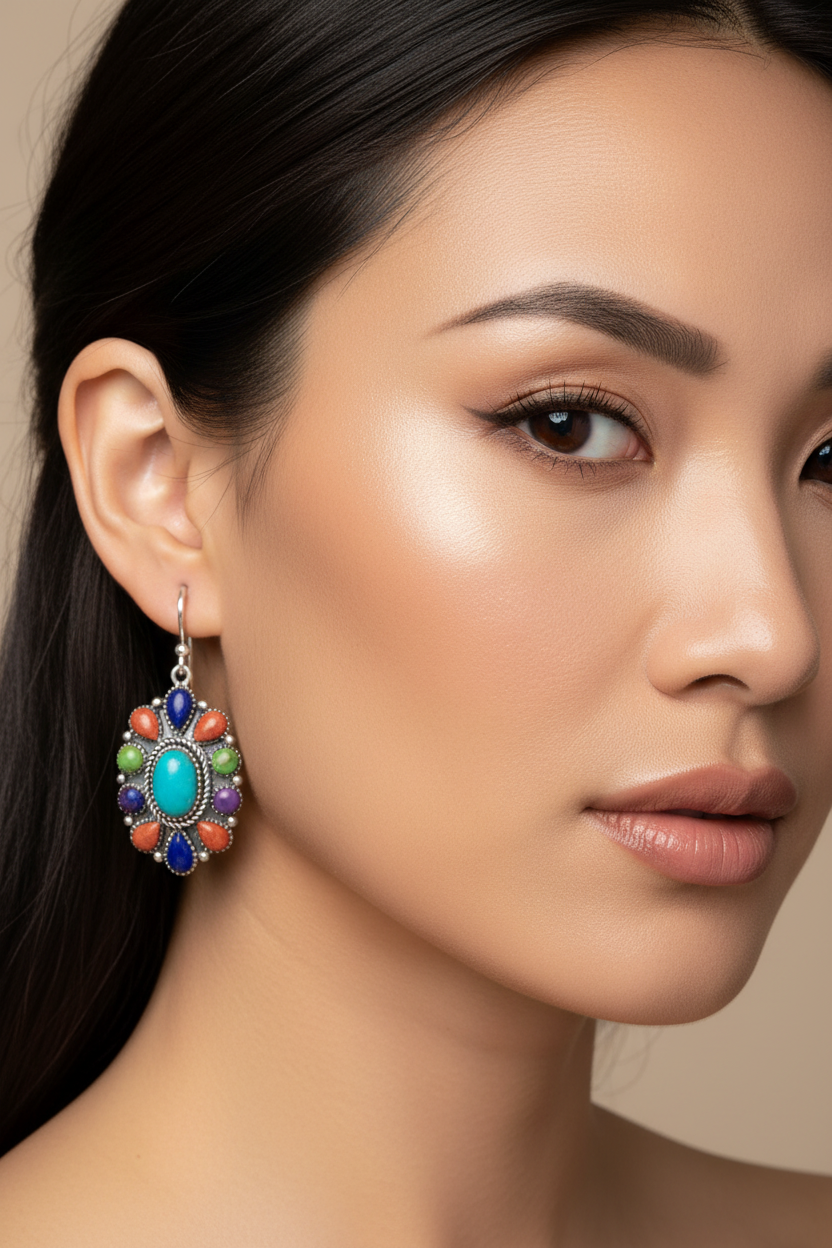 Asian Model Multi-Gemstone Flower Earrings