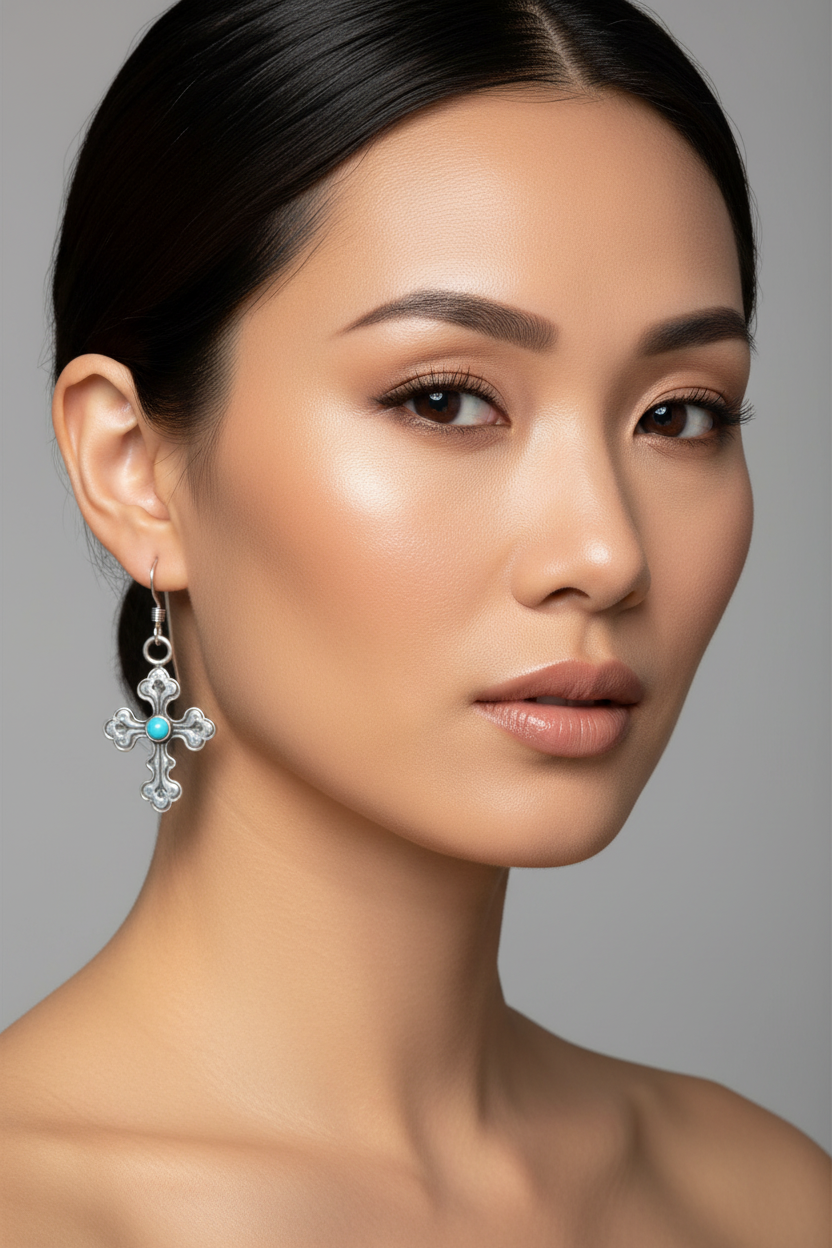 Asian Model Turquoise Cross Earrings