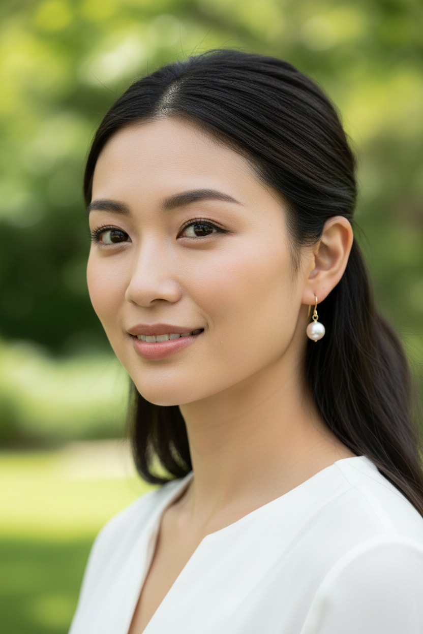 Asian model wearing Akoya pearl earrings