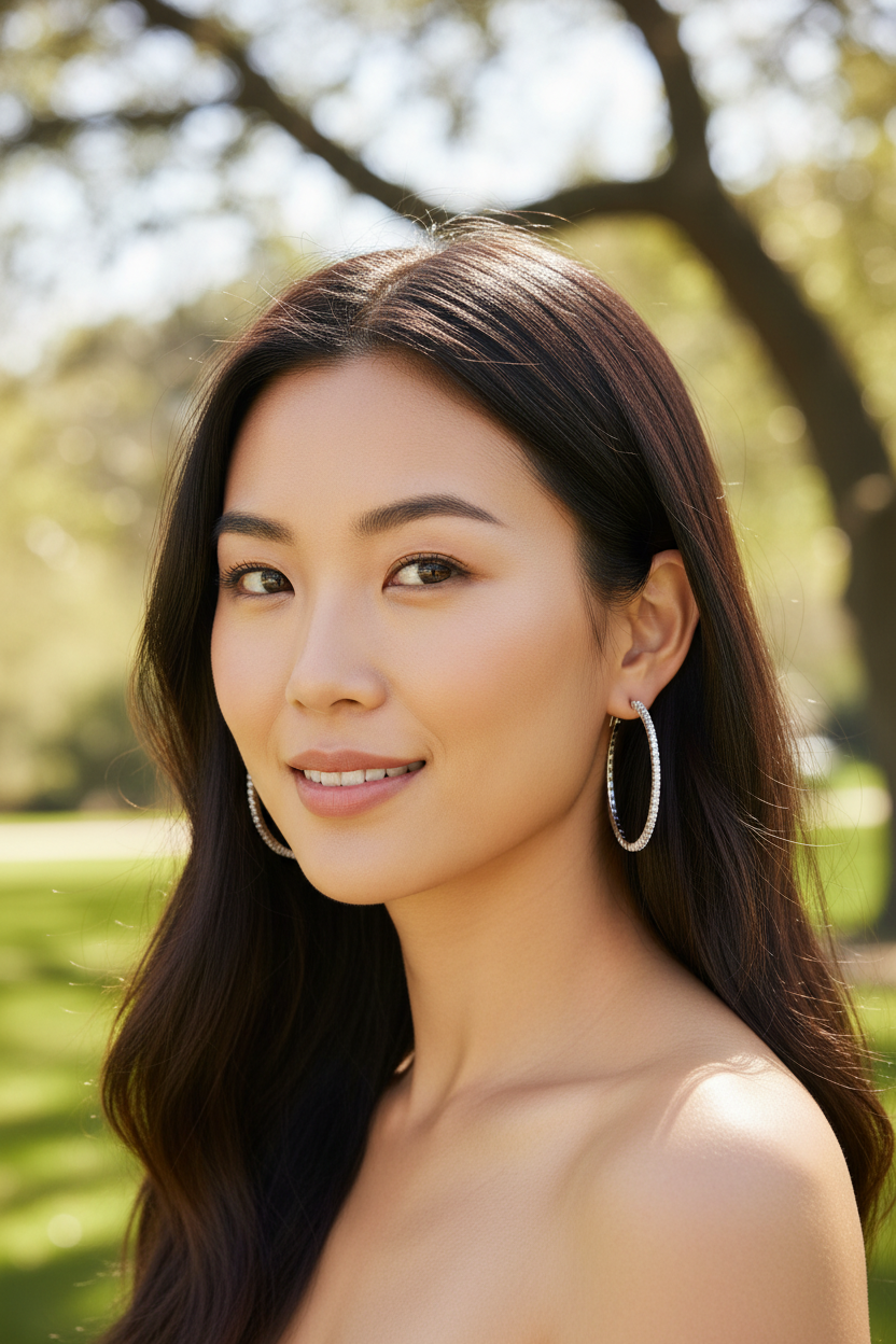 Asian model wearing CZ hoop earrings