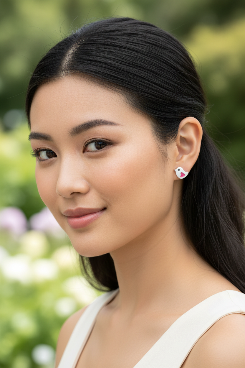 Asian model wearing love bird earrings