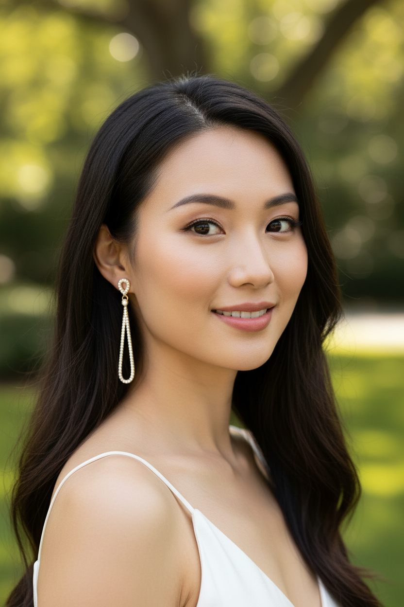 Asian model wearing pear drop CZ dangles