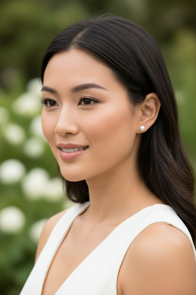 Asian model wearing pearl earrings
