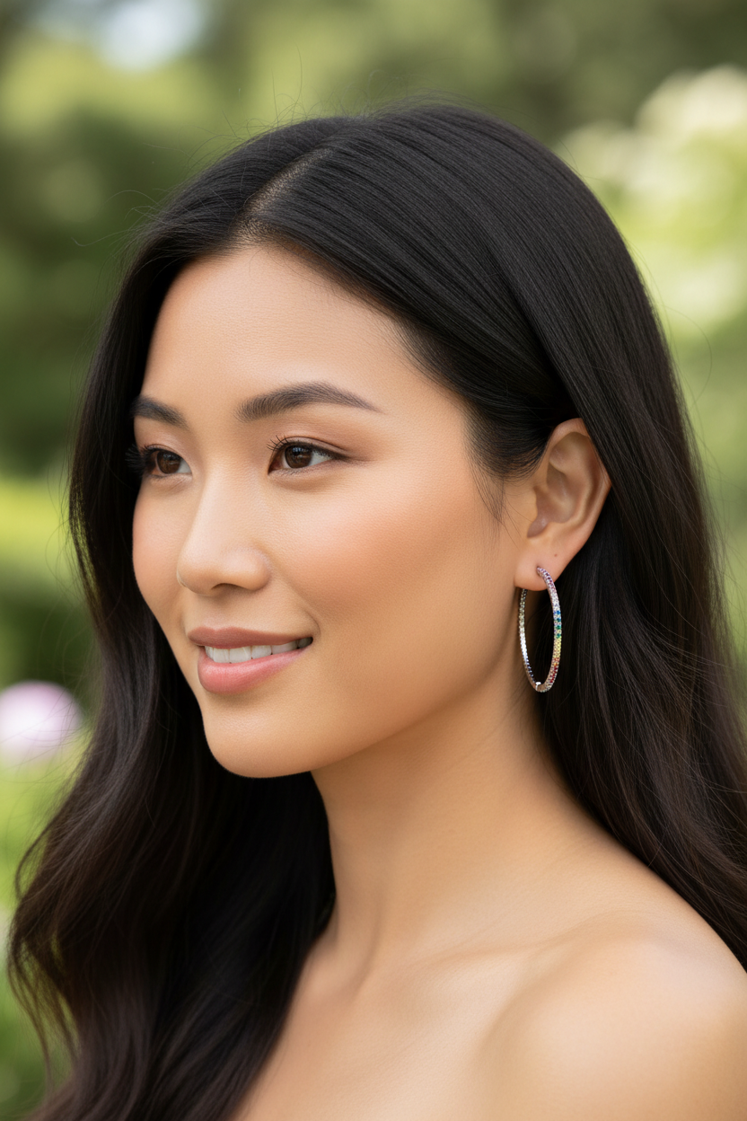 Asian model wearing rainbow spectrum hoops