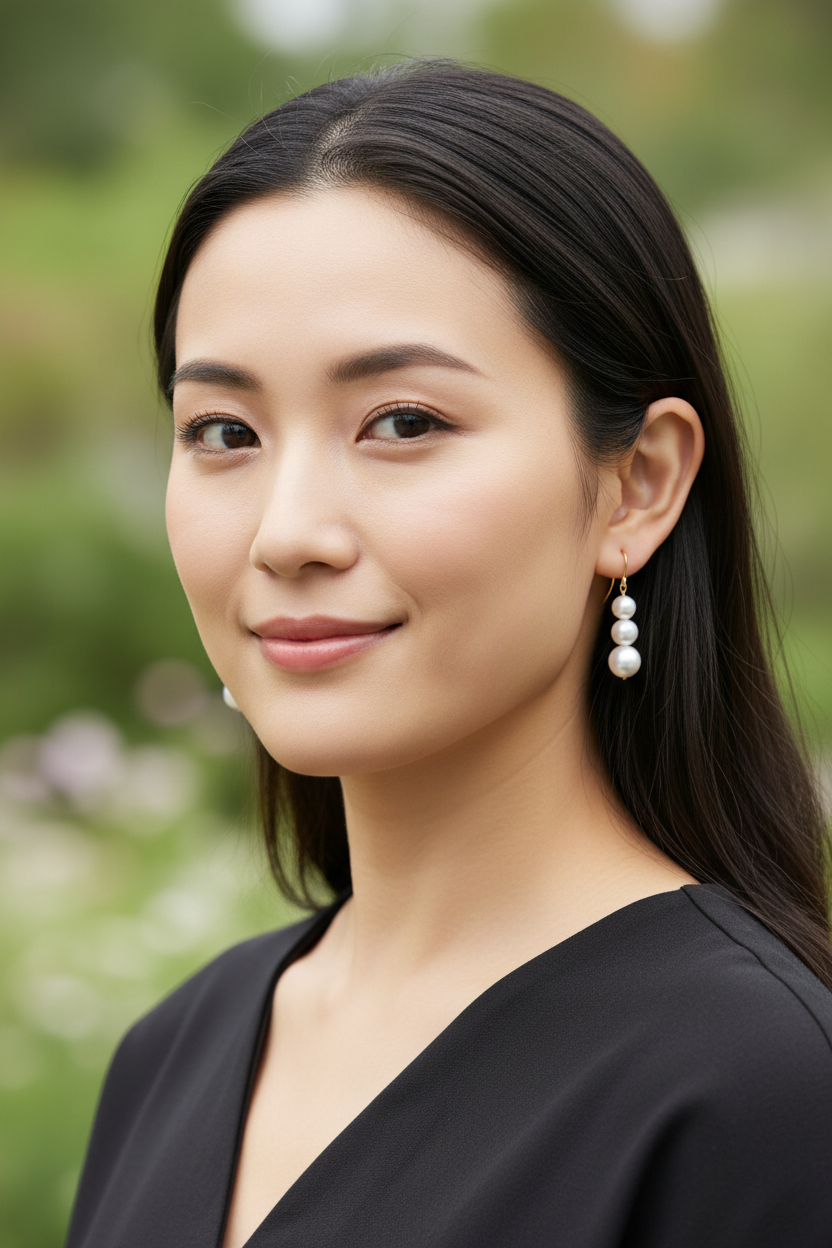 Asian model wearing triple pearl earrings