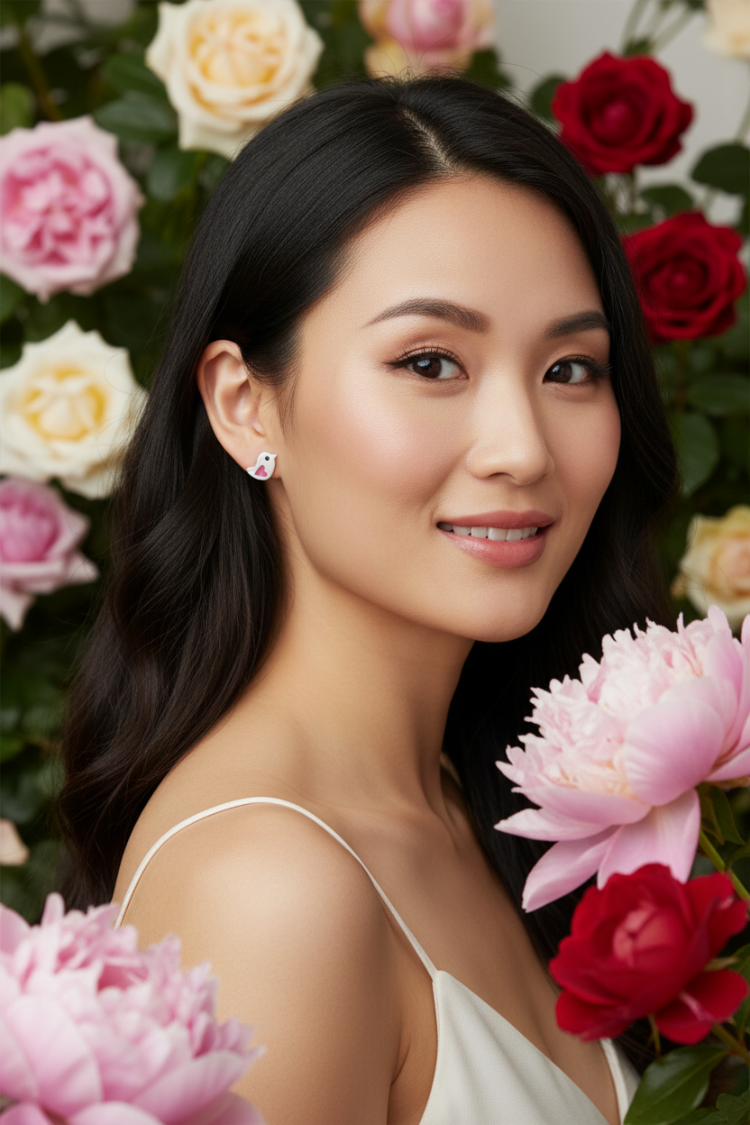 Asian model with rose garden background