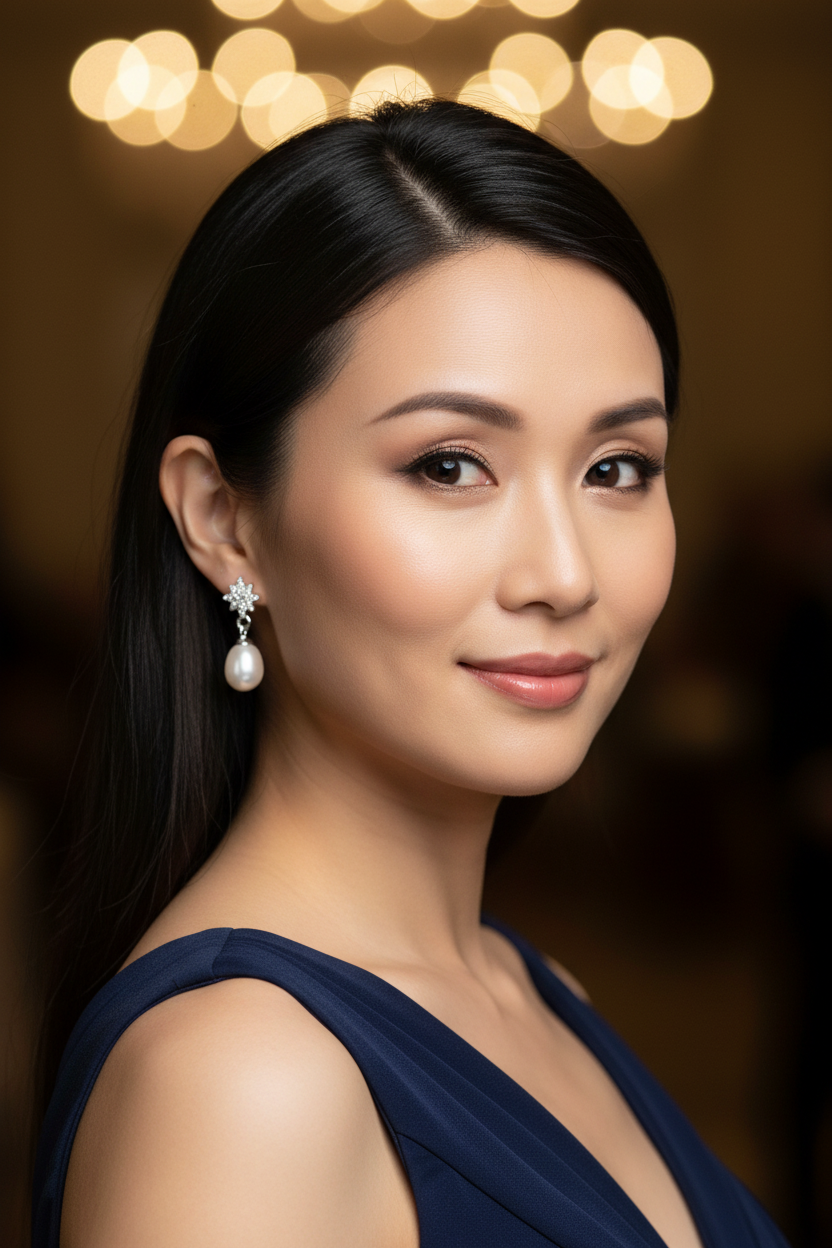 Asian woman at evening event wearing elegant earrings