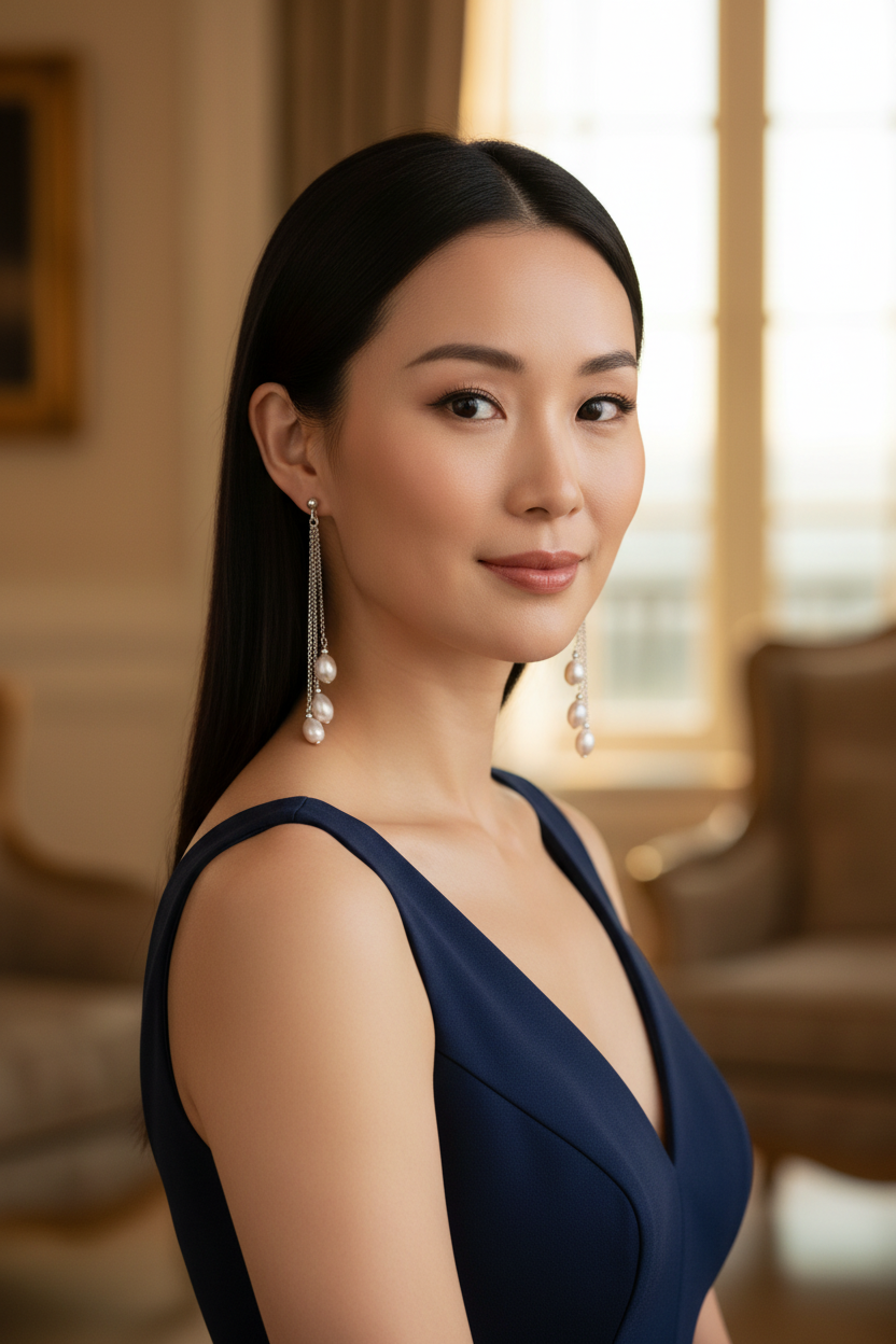 Asian woman in evening gown with proportionate earrings