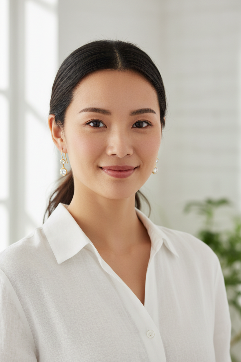 Asian woman wearing gold-filled duo sparkle earrings