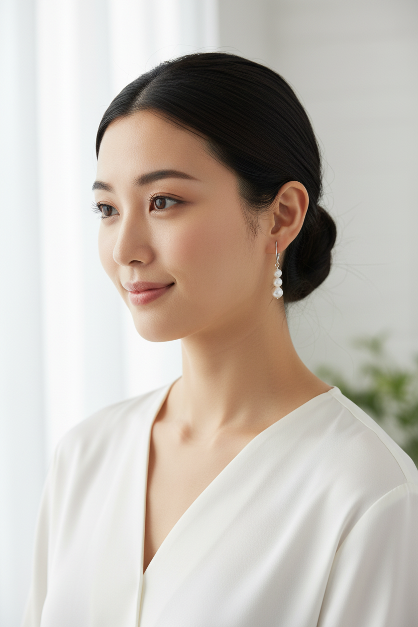 Asian woman wearing luminous pearl trio earrings