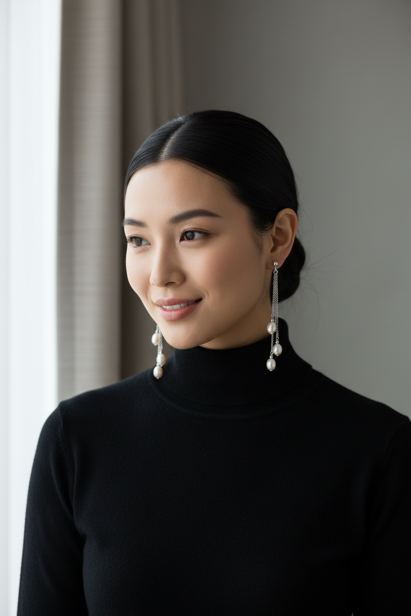 Asian woman wearing moderate length pearl earrings