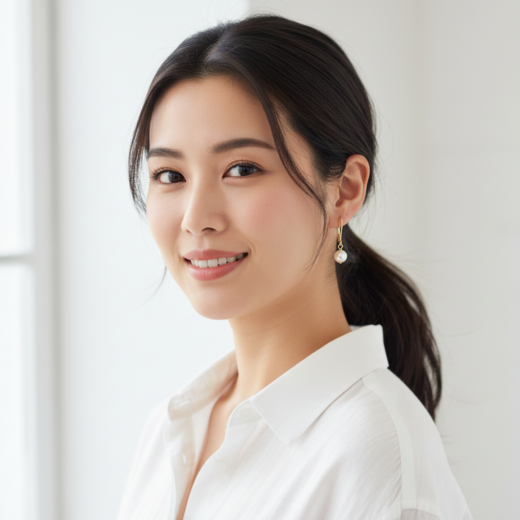 Asian woman wearing pearl essence earrings