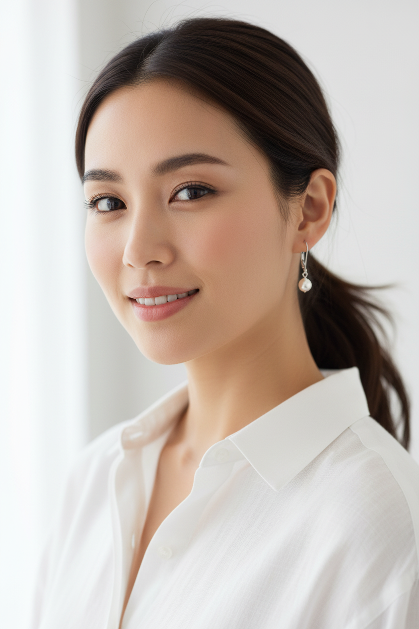 Asian woman wearing pure pearl drop earrings