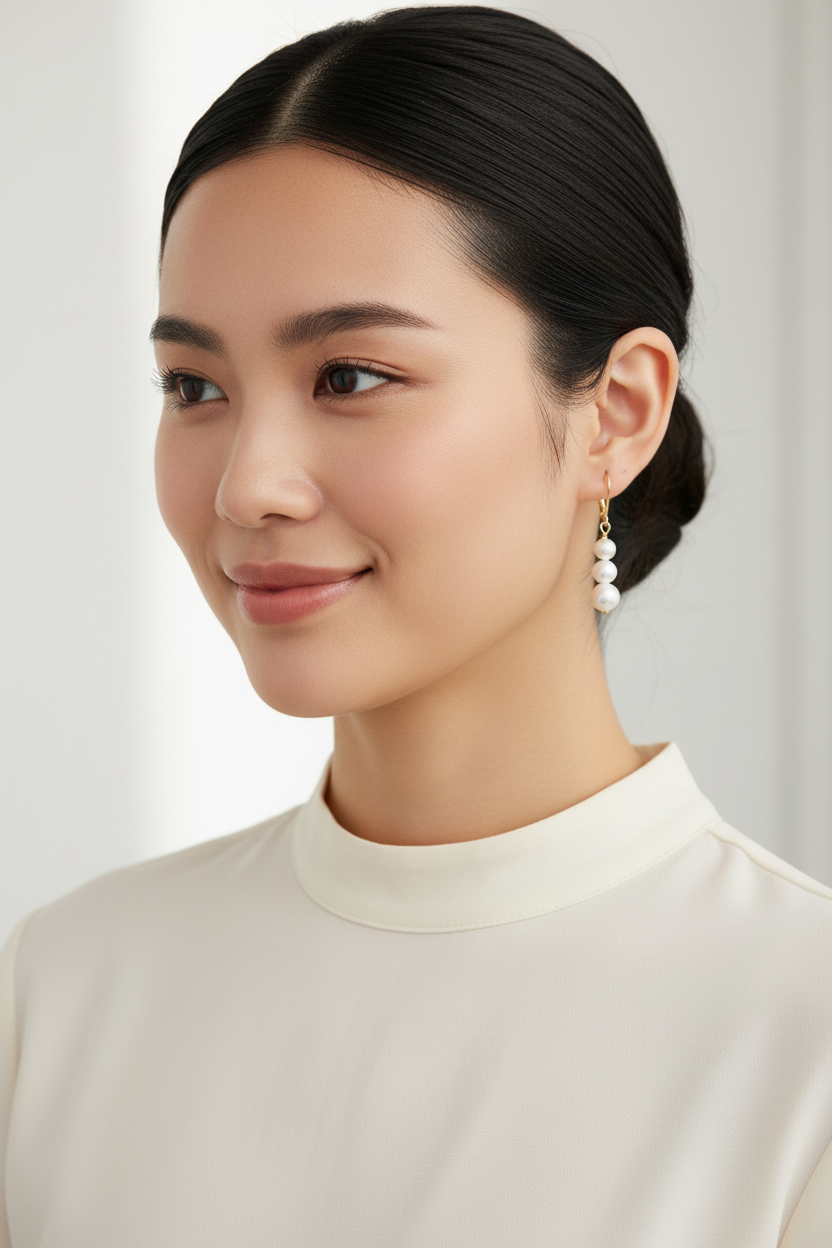 Asian woman wearing triple pearl earrings