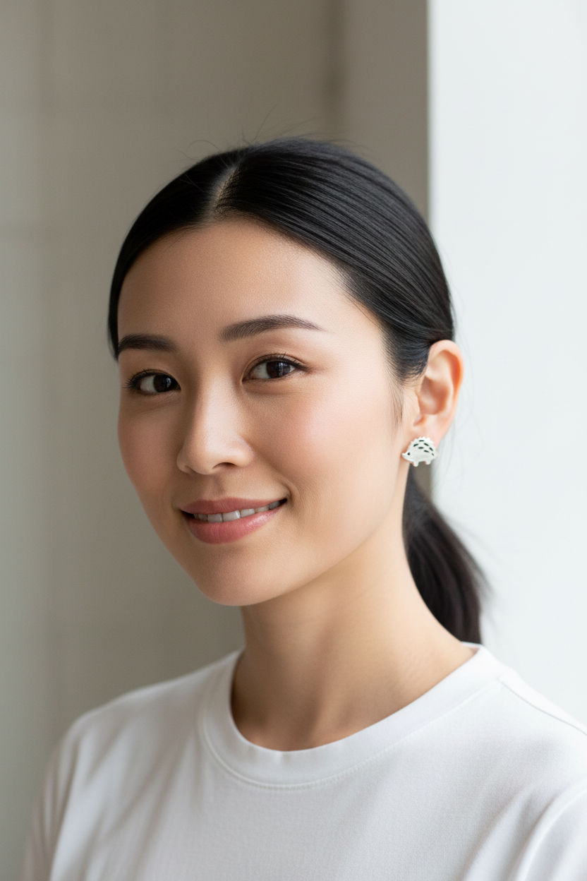Asian woman with adorable hedgehog studs