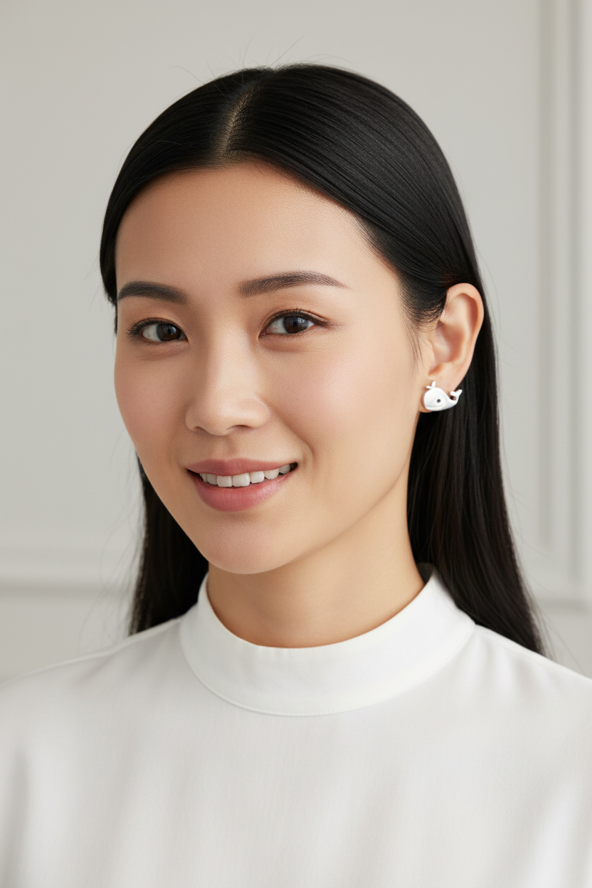 Asian woman with adorable whale studs