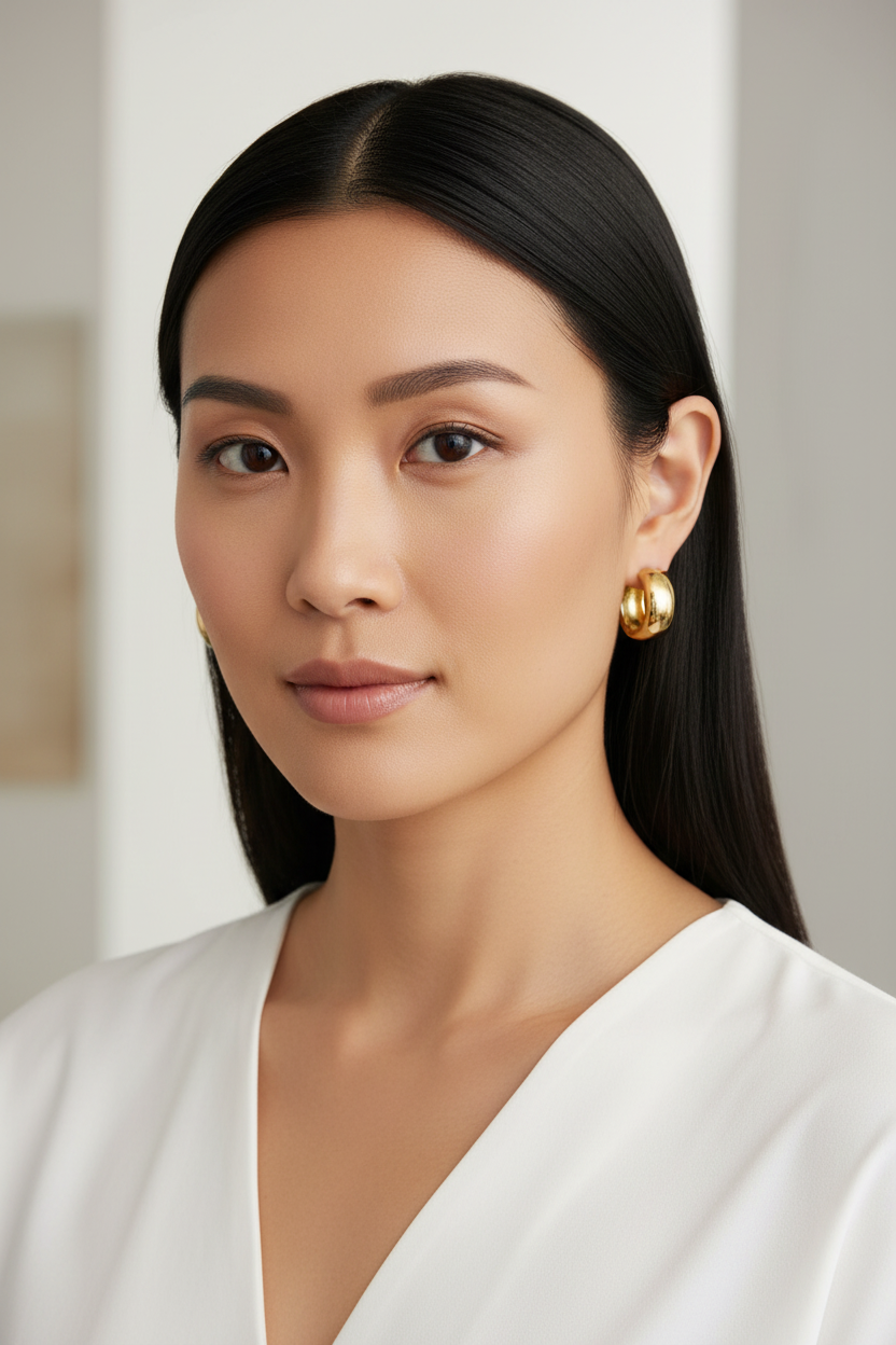 Asian woman with bold modern huggie hoops
