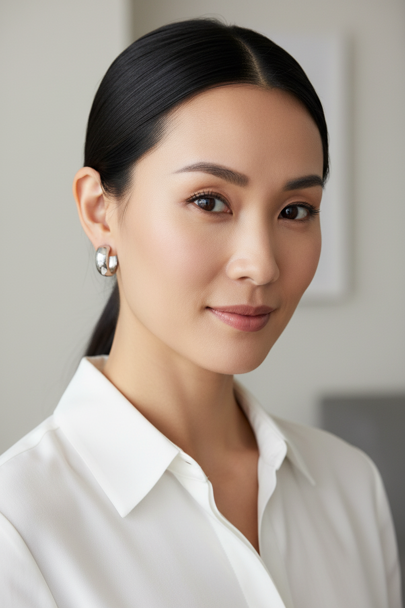 Asian woman with bold modern rhodium hoops