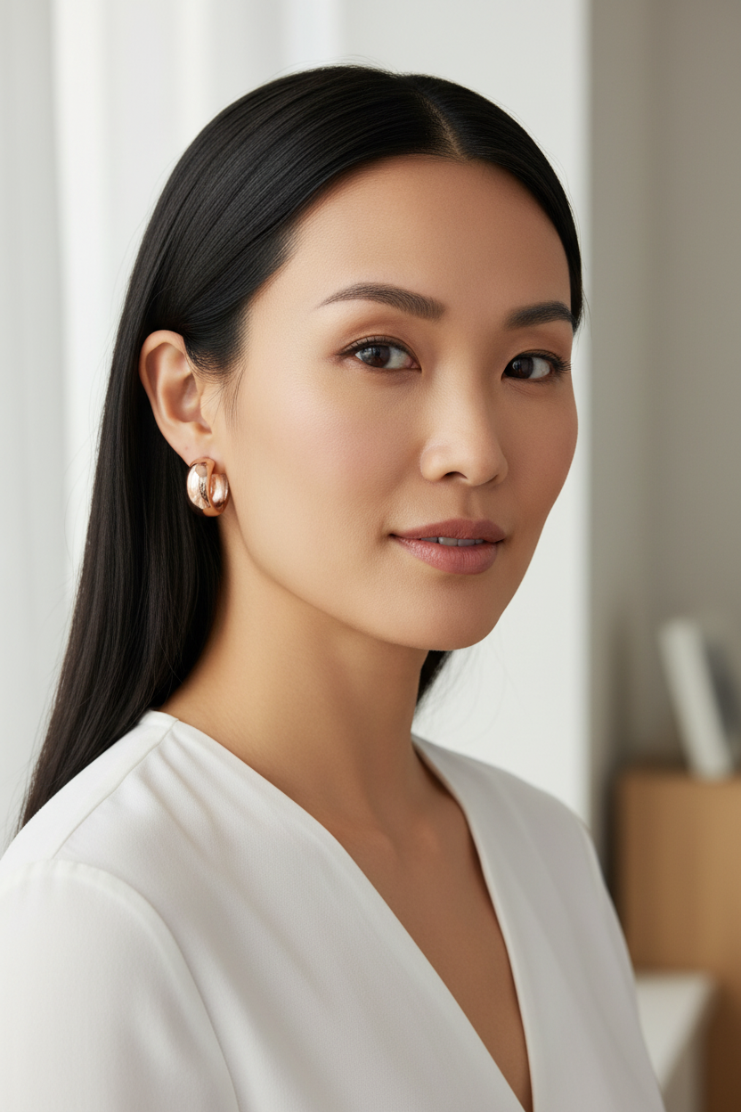 Asian woman with bold modern rose gold hoops