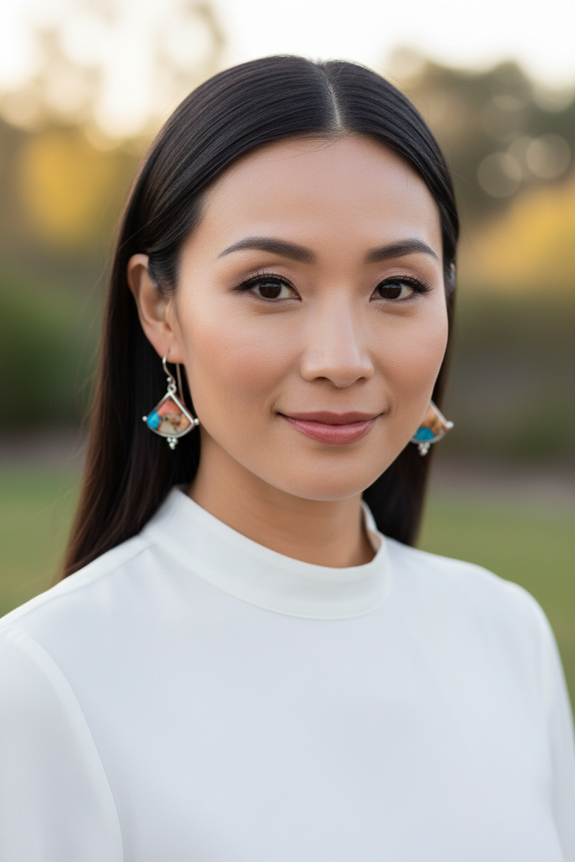 Asian woman with colorful geometric earrings