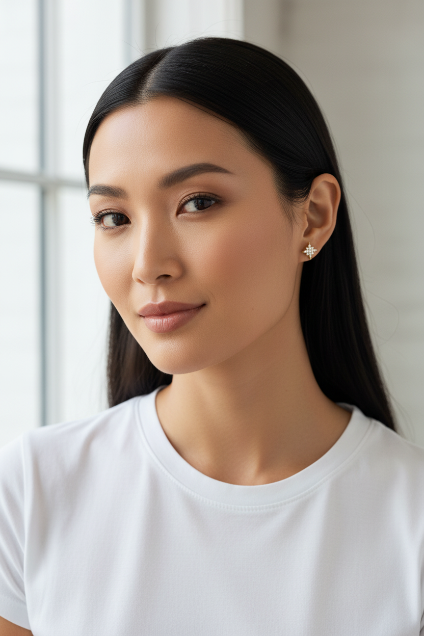 Asian woman with delicate golden celestial studs