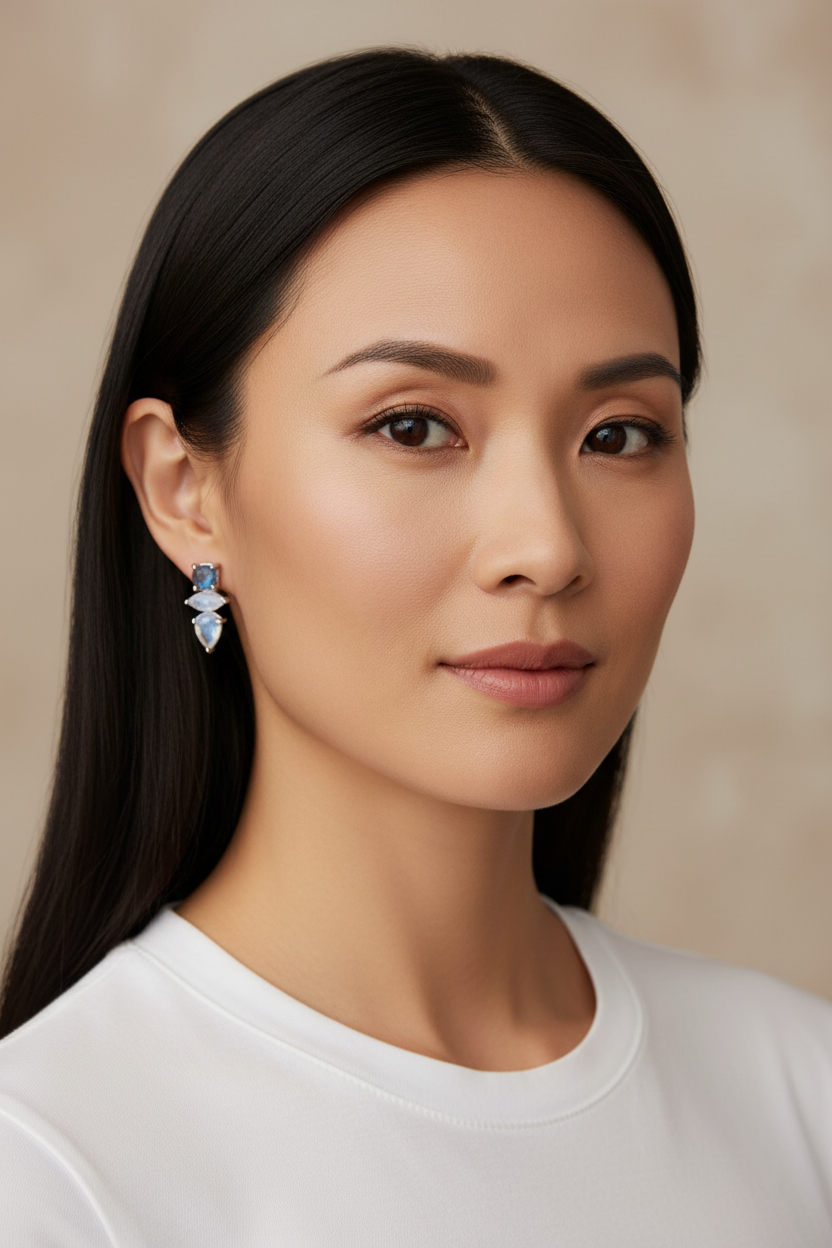 Asian woman with minimalist gemstone earrings