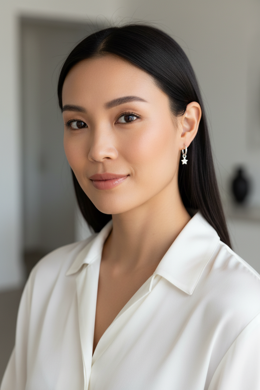 Asian woman with playful asymmetrical earrings