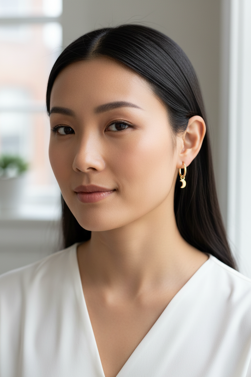 Asian woman with playful asymmetrical golden earrings
