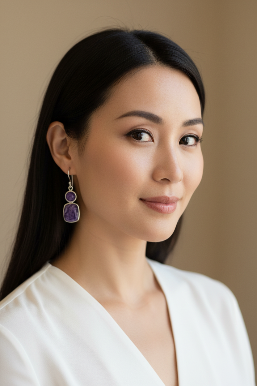 Asian woman with rare gemstone earrings