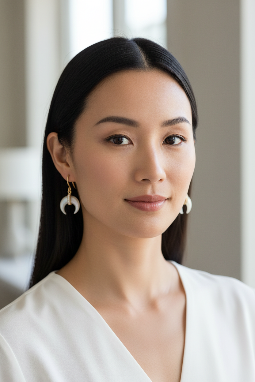 Asian woman with sophisticated mother of pearl crescent earrings