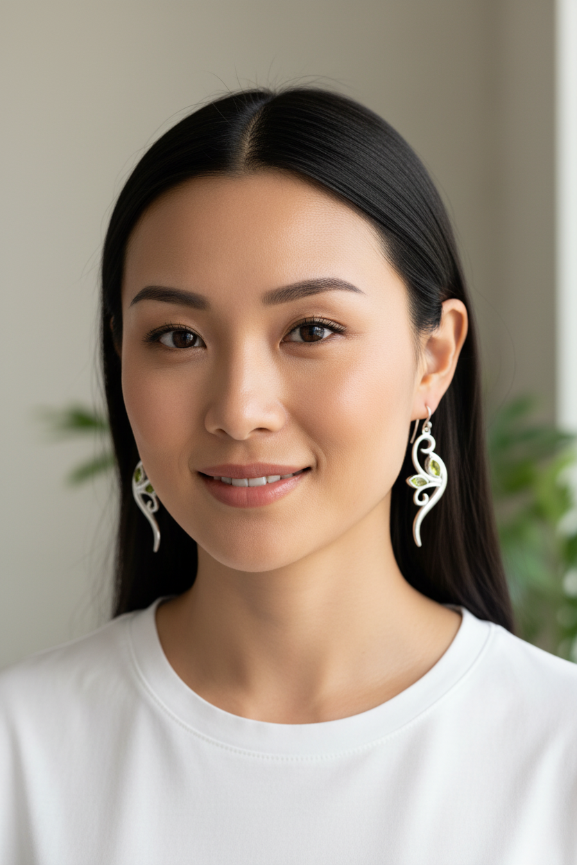 Asian woman with sophisticated peridot vine earrings