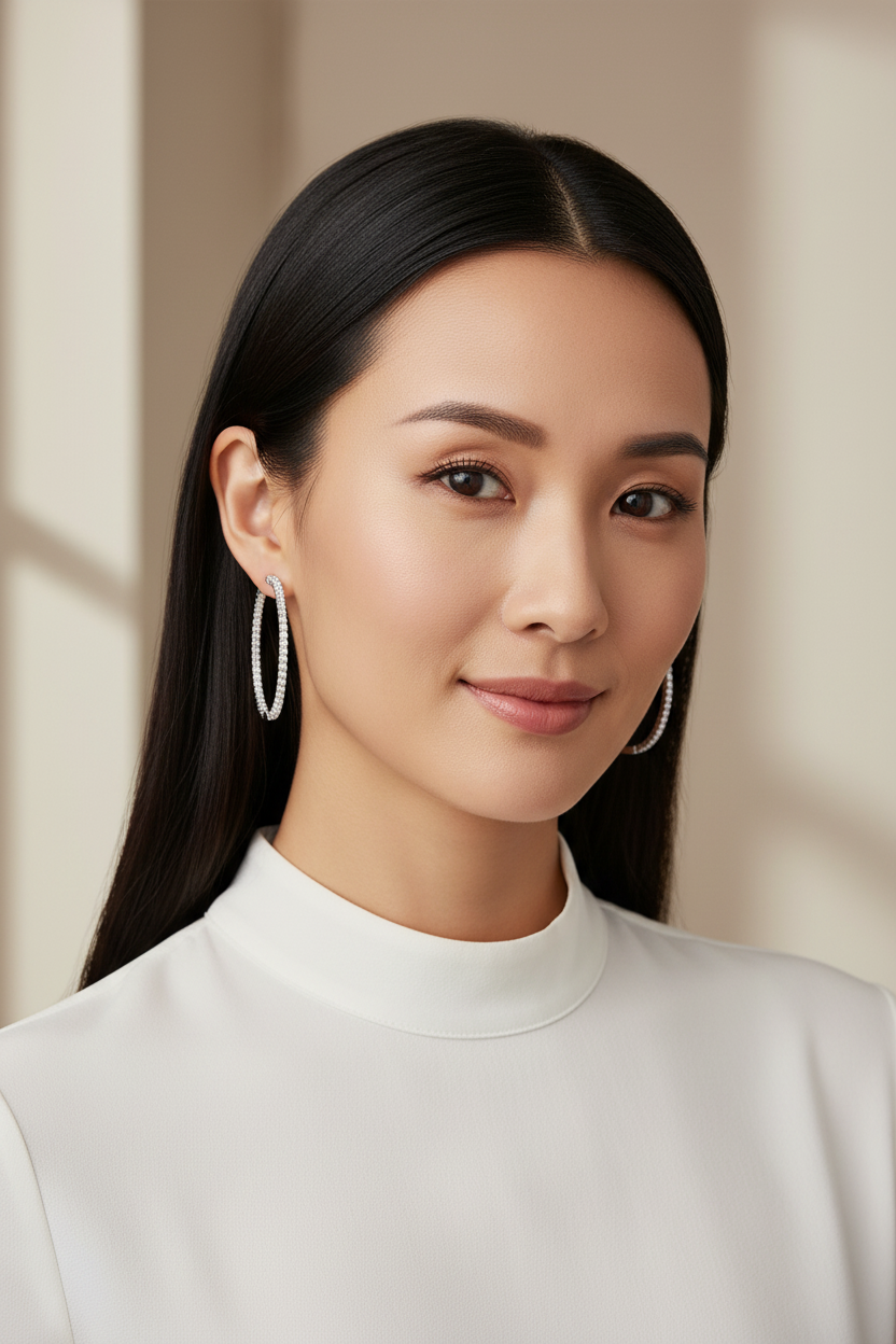 Asian woman with sophisticated rhodium hoops