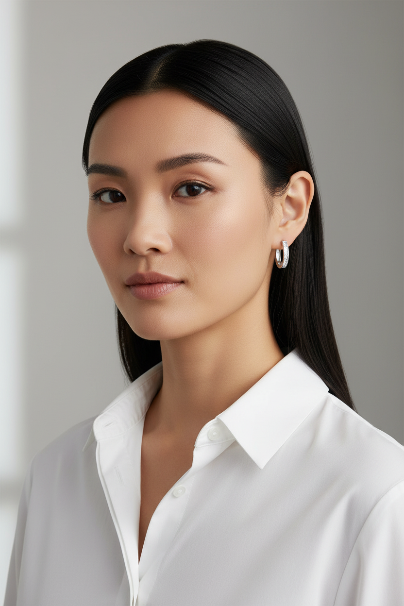 Asian woman with sophisticated rhodium hoops