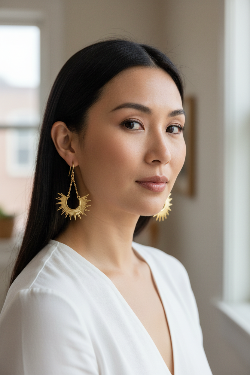 Asian woman with sophisticated sunburst earrings