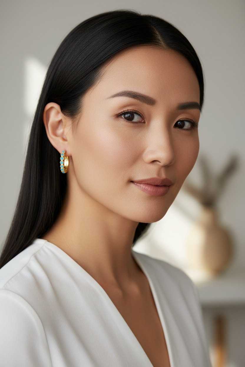 Asian woman with vibrant turquoise hoops