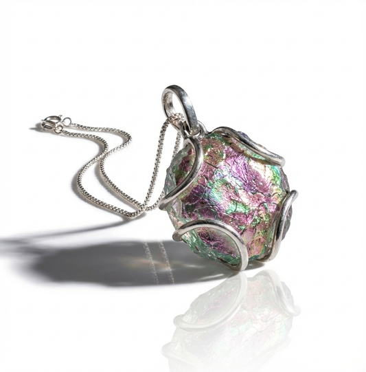 Ancient Roman Glass Necklace - Sterling Silver Oxidized Wire Set Pendant