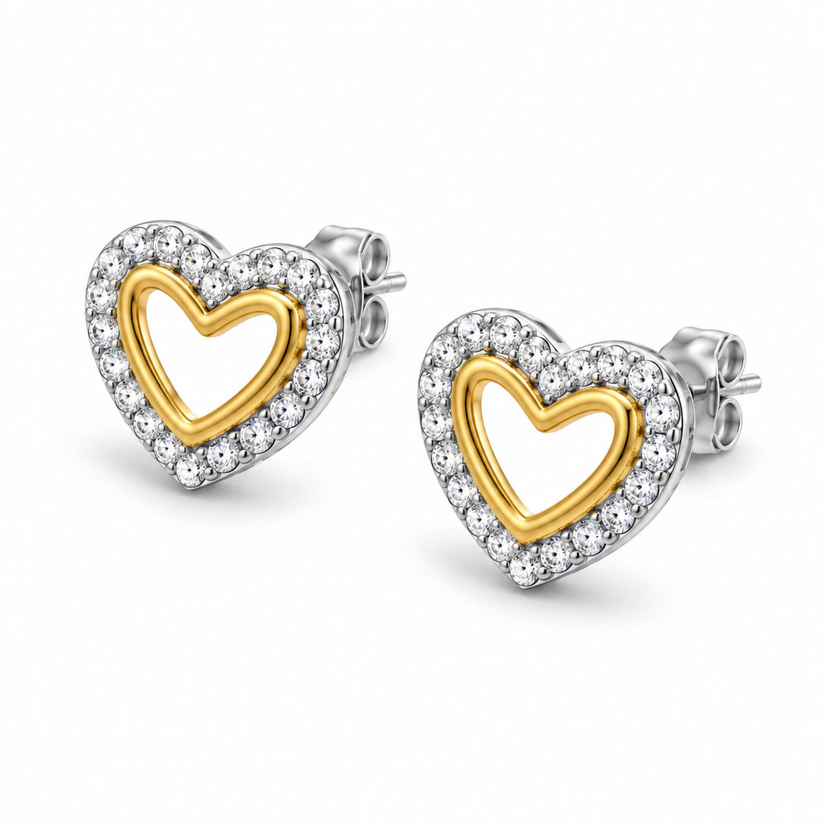 CZ Heart Outline Stud Earrings Two-Tone Rhodium Gold 925 Sterling Silver 10mm
